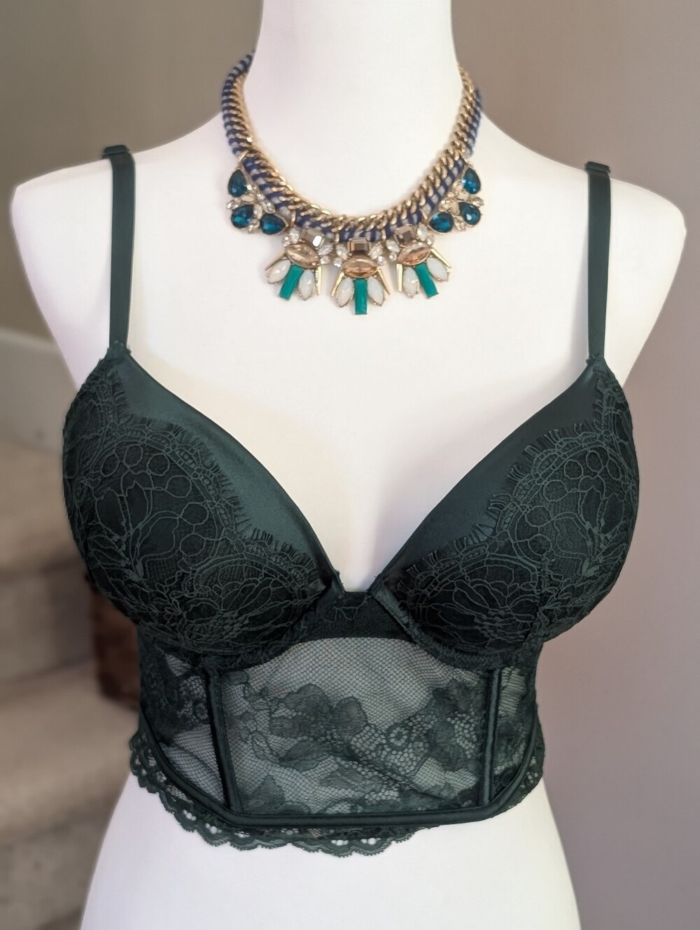 Victoria's Secret Dark Green Lace Longline Push Up Bra Bustier 34D NWOT Sexy...